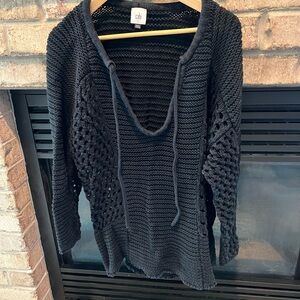 CAbi Black Open-Knit V-Neck Drawstring Sweater